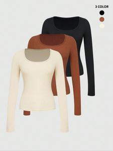 Women's Solid Long Sleeve Tee, Casual Comfort Scoop Neck T-Shirt for Summer, Women's Tops, Ladies Summer Clothes for Daily Wear, Womenswear