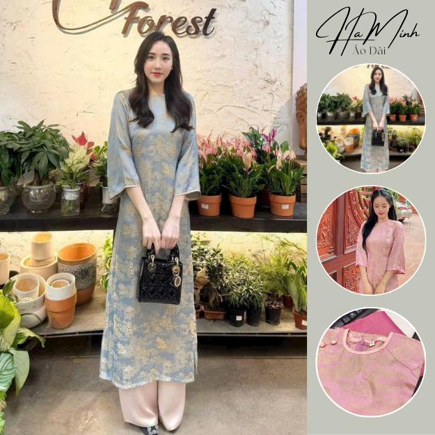  Áo dài cách tân dáng suông cổ tròn tay lỡ lụa gấm tơ Hoa Viên sang trọng mặc dịp lễ tết cưới hỏi hàng may sẵn 