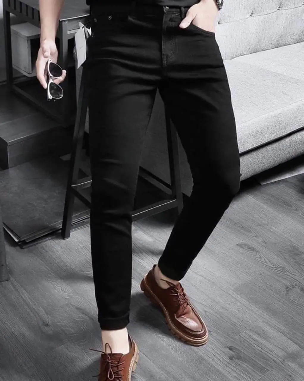Quần Jean Nam Dài Màu Đen Trơn Co Dãn Chất Vải Mềm Thoải Mái Menswear Pants