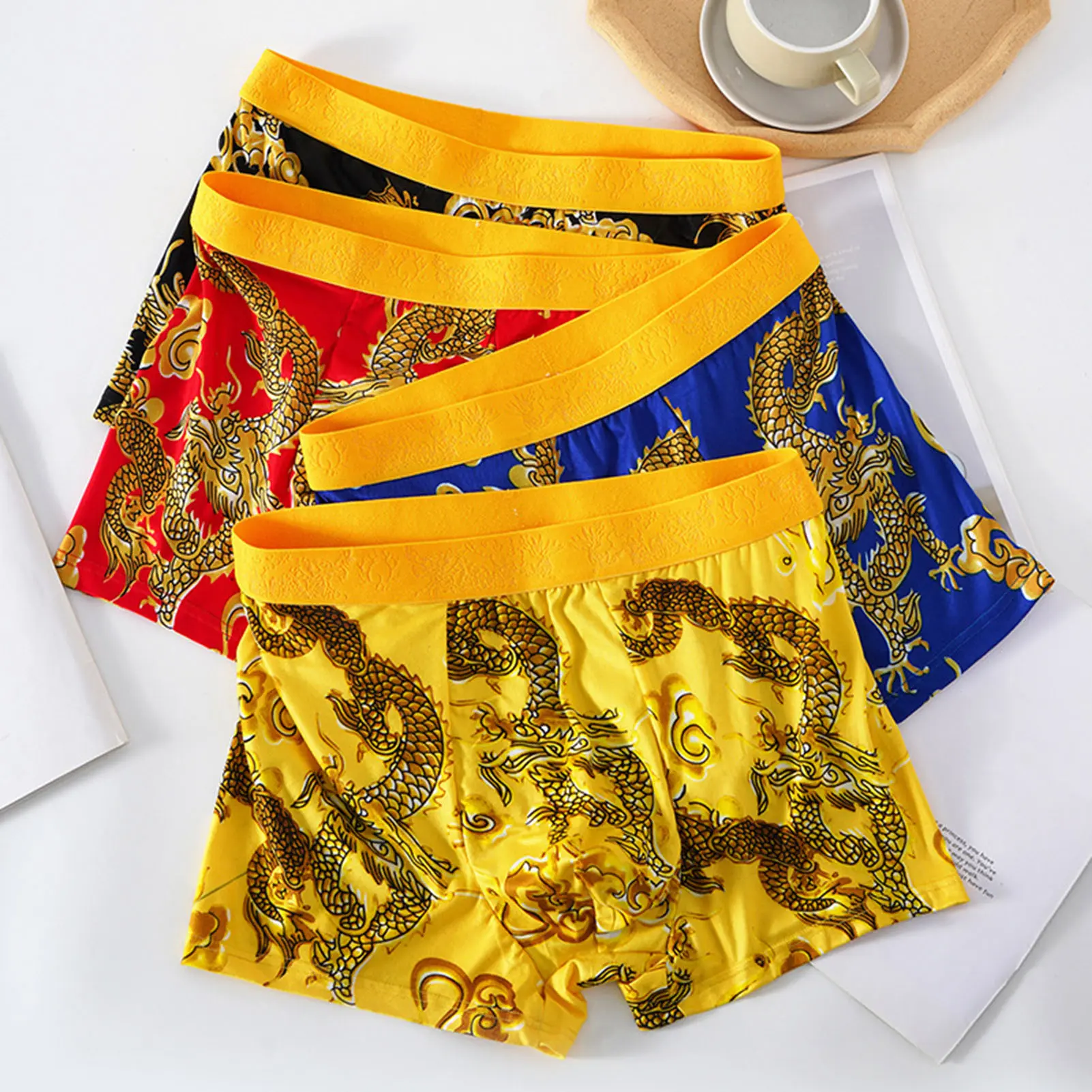 Đồ Lót Họa Tiết Rồng Cho Nam, Qusnddk, Quần Lót Boxer, Cạp Trung, Dây Thắt Lưng Rộng Co Giãn, Quần Đùi, Quần Lót, Quần Lót, Năm Con Rồng