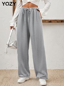 YOZY Women's Plain Drawstring Waist Sweatpants, Casual Pocket High Waist Trousers for Daily Wear, Ladies Bottoms for All Seasons