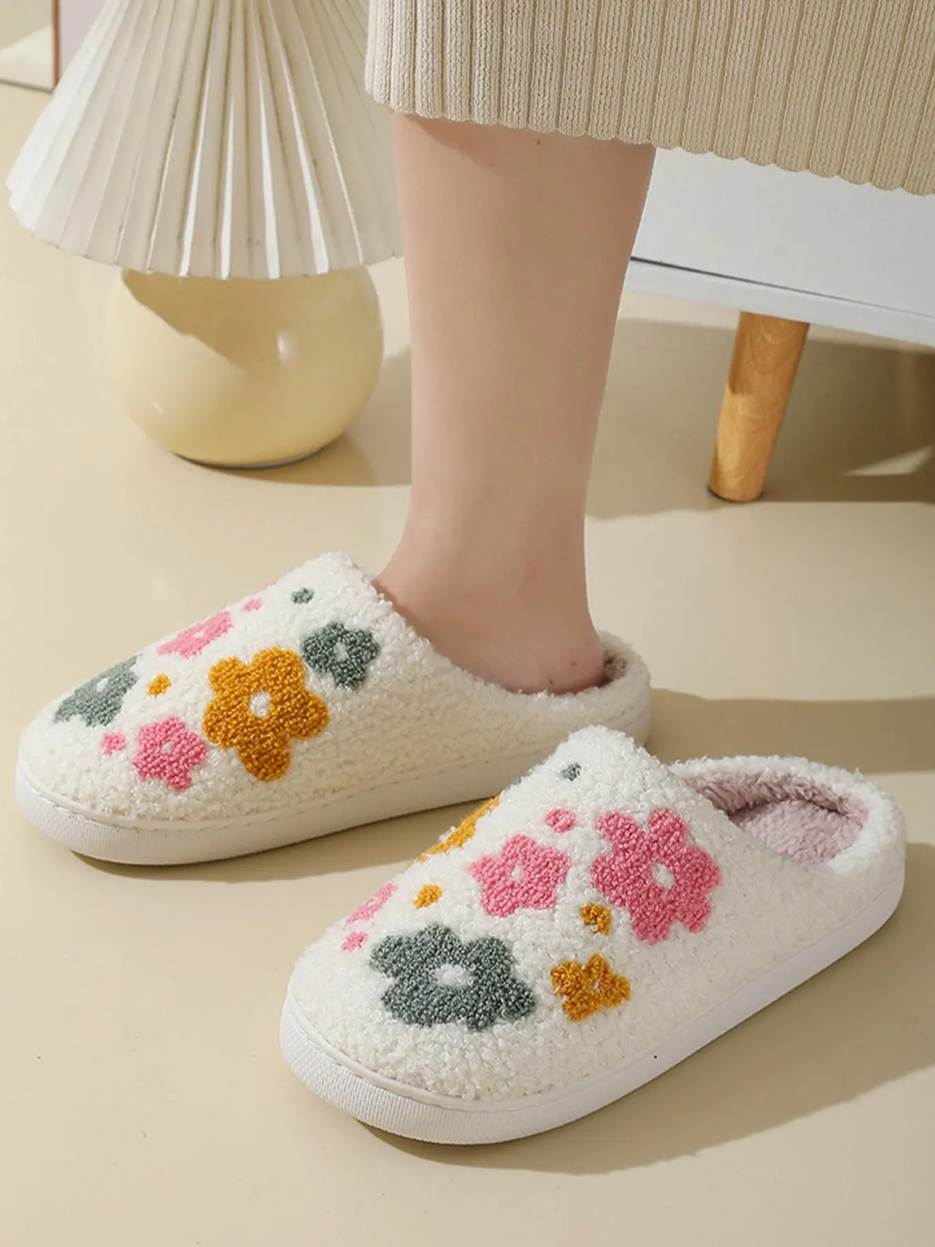 Women's Floral  Design Plush Slippers, Casual Soft Comfortable Home Slippers, Warm Slippers for Indoor & Outdoor Use for Fall & Winter