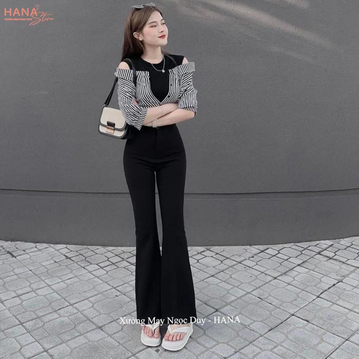 Quần ống loe 1 cúc có 2 túi bên cạp cao tôn dáng - Quần tây ống loe nữ màu đen chất vải tuyết mưa dày dặn đáy cao mặc thoải mái