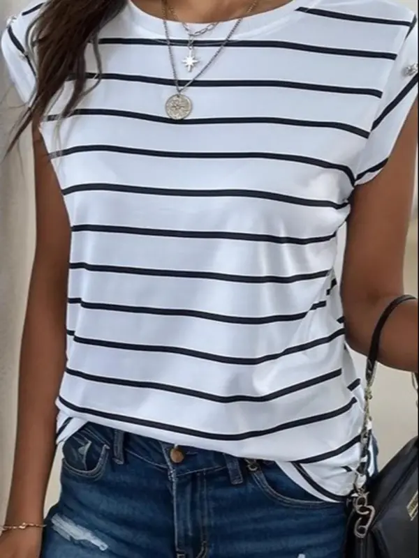Women's Striped Print Tank Top, Casual Button Decor Round Neck Top for Summer, Ladies Clothes for Daily Wear 4