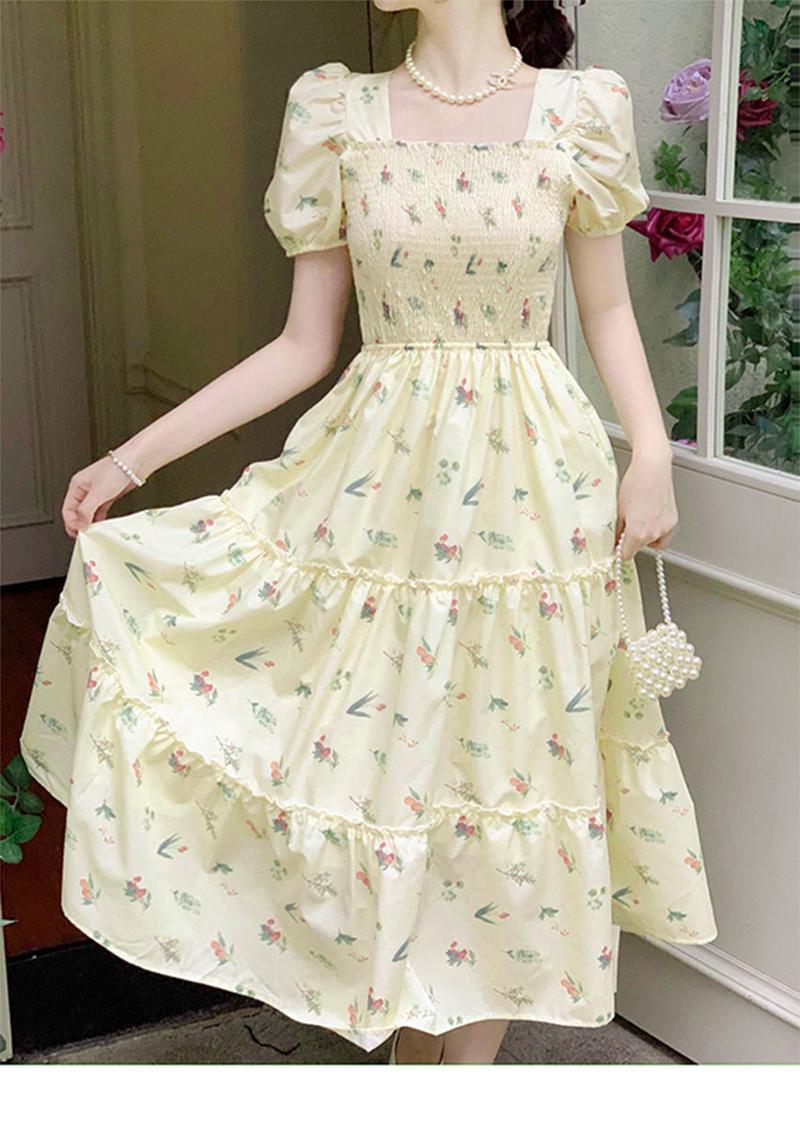 Product Introduction of Váy Hoa Màu Vàng, Phong Cách Hepburn Pháp Nghệ Thuật Và Thanh Lịch, Phong Cách Mori, Váy Mùa Hè Của Phụ Nữ, Che Bụng, Váy Giấu Flab 5