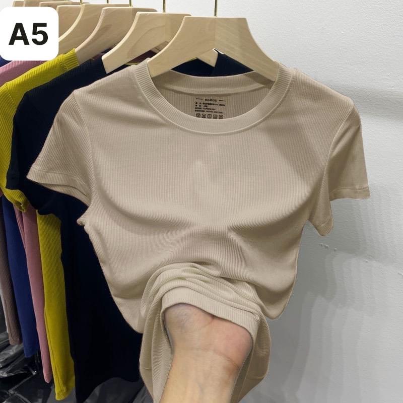 Áo Thun Nữ Hàn Quốc Tay Ngắn Cổ Tròn Trơn Ôm Body Chất Liệu Borip coton Cotton Women Top Đen 1