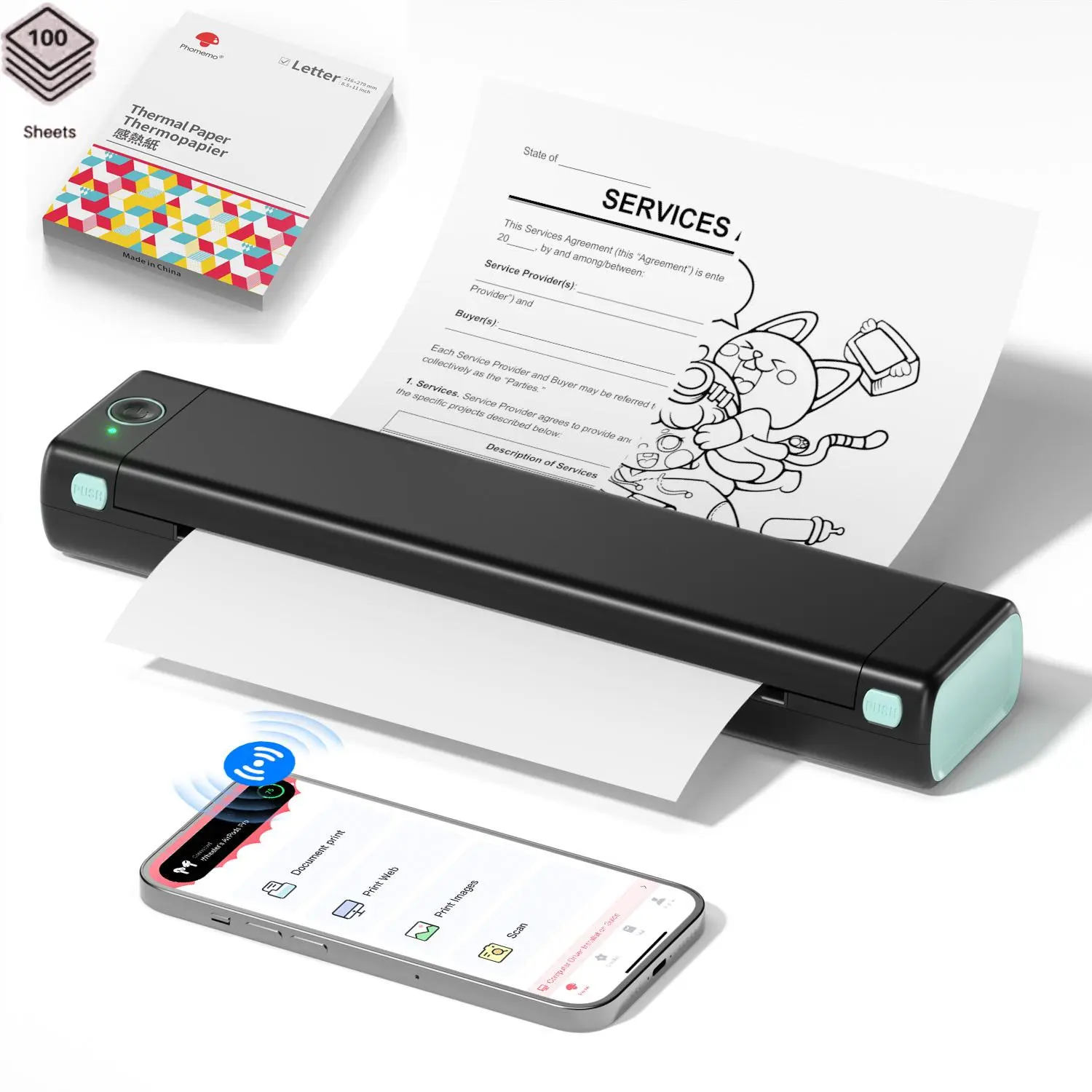 Phomemo Ai Printer, 1 Set Including 1 Count Portable Thermal Printer & 100 Sheets Paper, Compact Printer Compatible with Android IOS Phone & Laptop