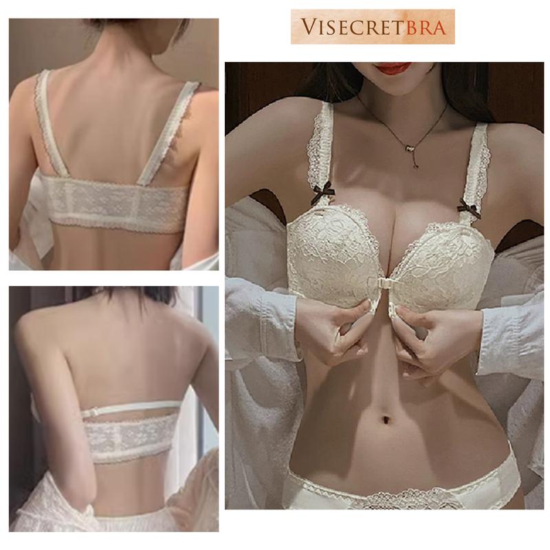 Áo Lót Nữ Cài Trước Nâng Độn Vóng 1 Tạo Khe Không Gọng Chống Xệ Chống Tụt Áo Bra Nữ Ren Cài Trước Hai Nấc Mút Mỏng 1.5cm Dây Nơ Có Thể Mặc Không Dây Chống Tụt -- VN240363