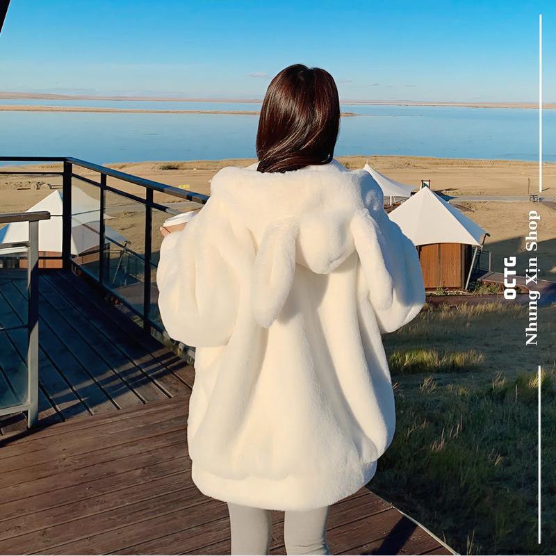 Áo khoác lông thỏ có mũ TAI THỎ dày dặn rộng thụng siêu xinh hàng QC