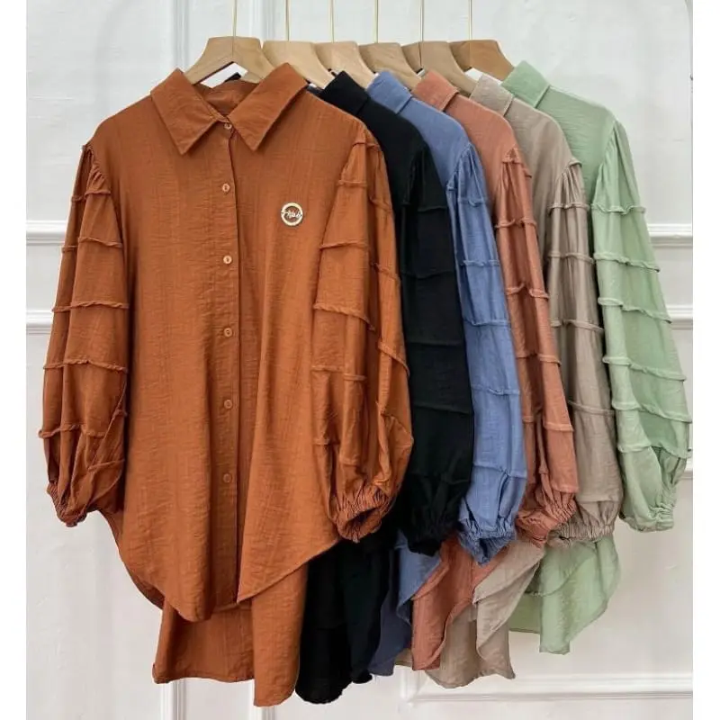 Tina Blouse Kemeja Atasan Wanita Cantik Polos Murah Rempel Tangan Polo LInen Premium M L XL XXL Balon Busui Panjang Variasi Formal Kerja Kancing Motif