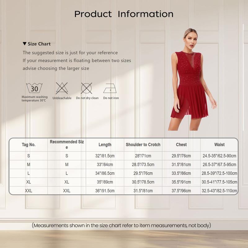 Product Introduction of Kaerm Women Rhinestone Figure Skating Dresses Sleeveless Ruched Gymnastic Ballet Contemporary Dancewear 0