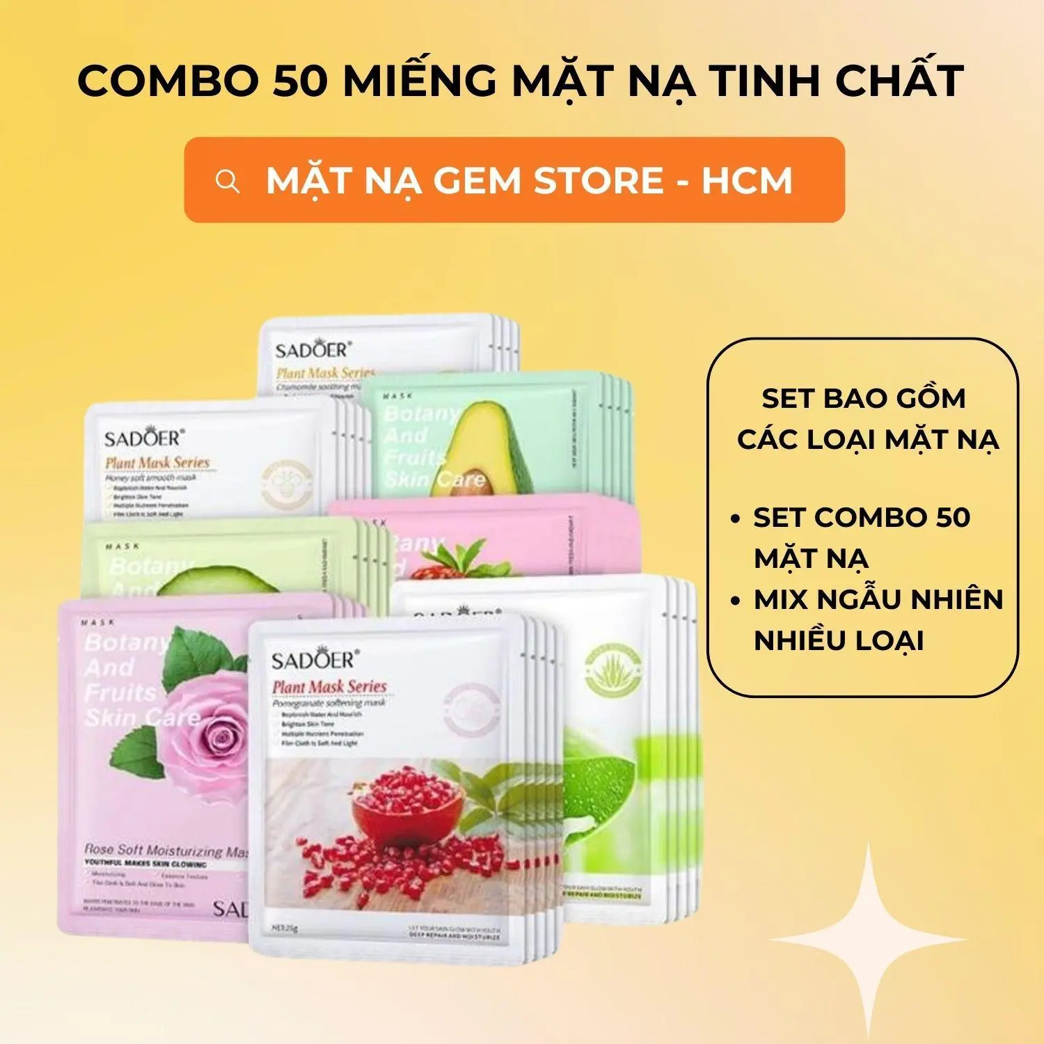 Combo 50 Miếng Mặt Nạ Tinh Chất Trái Cây, Collagen, Vitamin Dưỡng Da, Cấp Ẩm, Mờ Thâm Sadoer ( Mix Ngẫu Nhiên ) Skincare Arbutin Nữ mask sheet duong giấy trắng