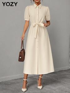 YOZY Women's Plain Belted Button Front Dress, Casual Short Sleeve A Line Dress for Daily Wear, Ladies Clothes for All Seasons, Holiday Dresses