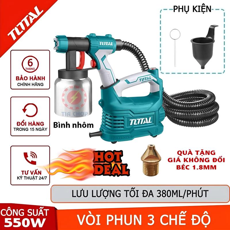 máy phun sơn dùng điện Total 550w - Tặng kèm thêm 1 béc phun mịn 1.8mm