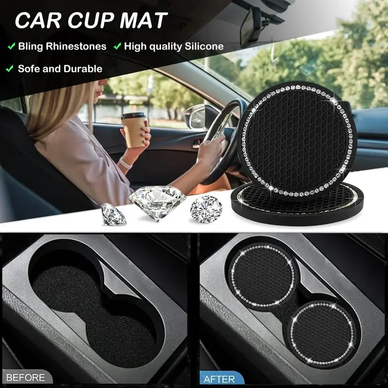 Rhinestone Car Interior Decoration Set (7pcs), Including Car Steering Wheel Cover, Armrest Box Mat, Gear Handle Cover, 2 Coaster & 2 Starting Ring 6