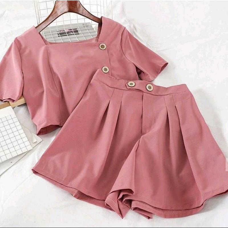 Set Claudia Setelan Baju dan Celana Kancing  Polos Lengan pendek 2
