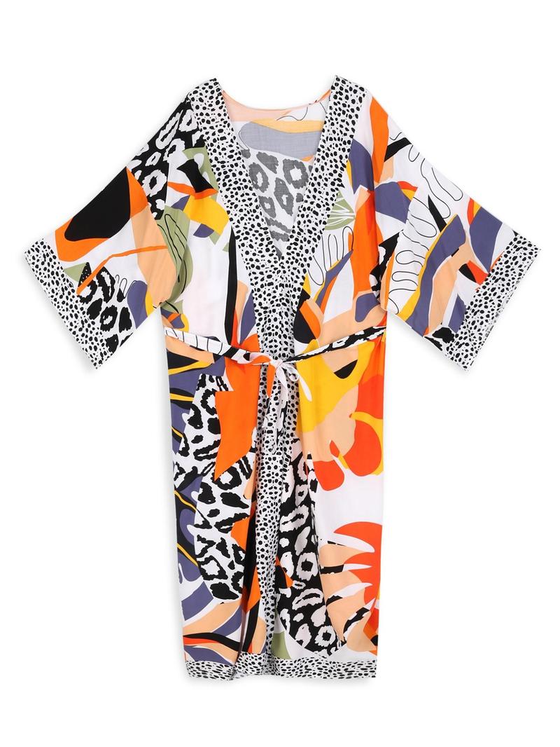 Product Introduction of Women's Boho Plants Print Kimono Sleeve Belted Kimono Coat, Summer Clothes Women, All Over Print Long Sleeve Cover Up for Women, Ladies Clothes for Summer Beach Vacation, Clothing 22