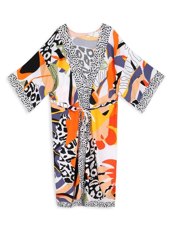 Women's Boho Plants Print Kimono Sleeve Belted Kimono Coat, Summer Clothes Women, All Over Print Long Sleeve Cover Up for Women, Ladies Clothes for Summer Beach Vacation, Clothing 8