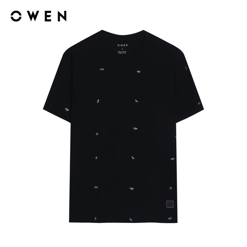 OWEN - Áo thun nam T Cổ Tròn Body Fit TSN231466 màu Đen chất liệu CVC Spandex Hoạ tiết In/thêu Menswear