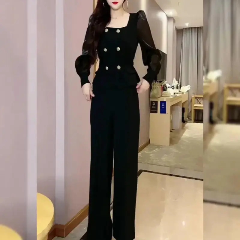 【ready stock】LUXME Set dua potong atasan leher persegi + celana kaki lebar 1