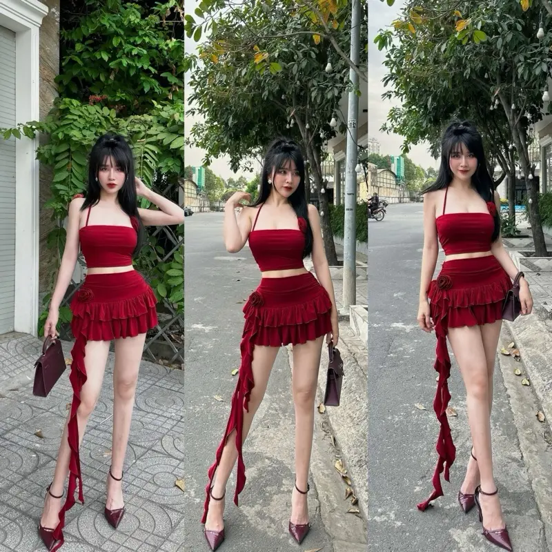 Set áo yếm đính hoa và chân váy tầng kèm hoa tua rua cực slay, chất thun cao cấp dày dặn co dãn mặc ôm dáng rất đẹp luôn ạ. Mặc đi chơi đi du lịch, đi biển xinh lắm luôn ạ.Bảng màu gồm : Đỏ đô đen hồng đậm Dứoi 50kg s Dứoi 55kg m
