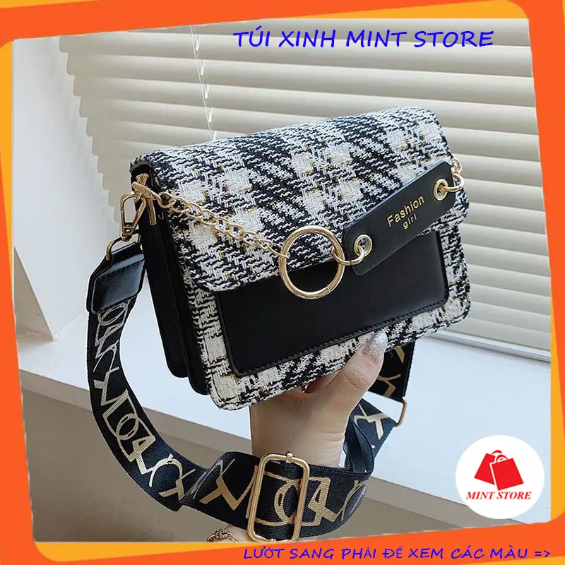 Túi xách nữ hàn quốc vải dạ phối da mã 444 Bag Đeo Vai 0