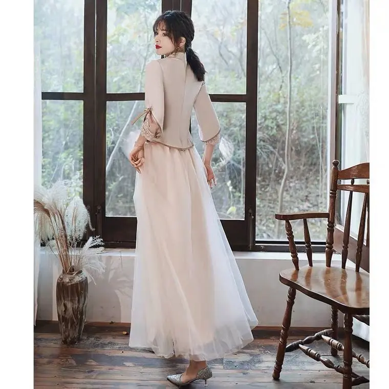 Váy Phù Dâu Dài Trung Quốc, Phong Cách Trung Quốc Mới, Nhóm Chị Em Tangzhuang, Xiuhe, Bạn Gái, quần Áo Ngoại Cỡ, Áo Cưới, Váy Cưới calem quần, Dress, Tay Phồng, Women 8
