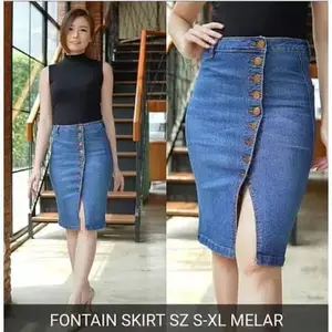 Ckey Rok Jeans Span Kancing / Rok Jeans Wanita Biru Panjang Pendek Denim