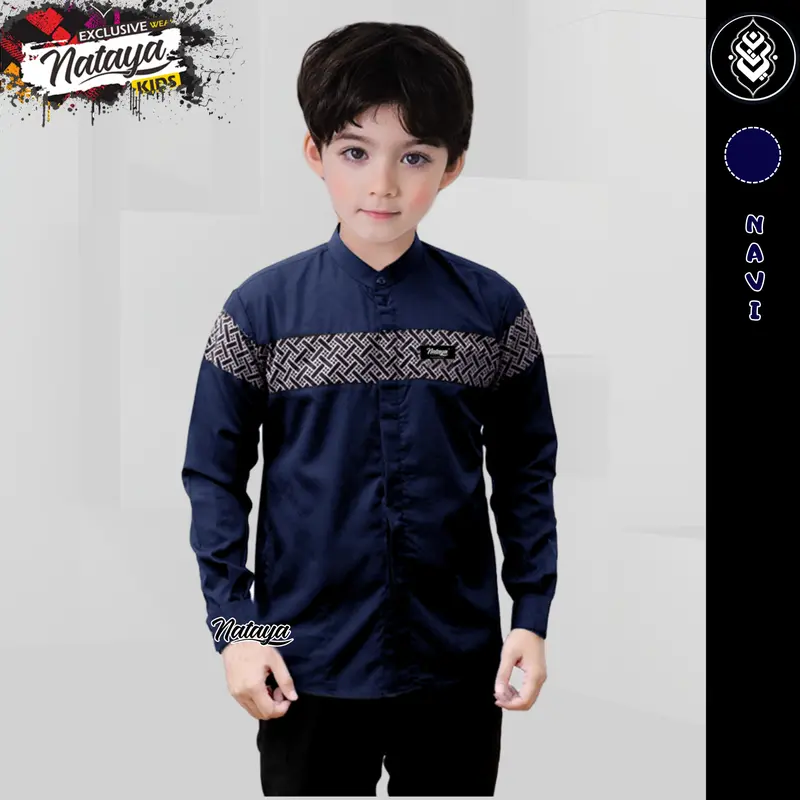 baju koko anak lengan panjang motif kombinasi batik untuk usia 9 sampai 14 tahun warna coklat putih hitam navi Atasan Katun 4