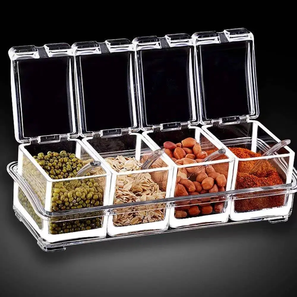 Clear Seasoning Rack Spice Pots - 4 Piece Seasoning Box Storage Container Condiment Jars Kitchen Utensils