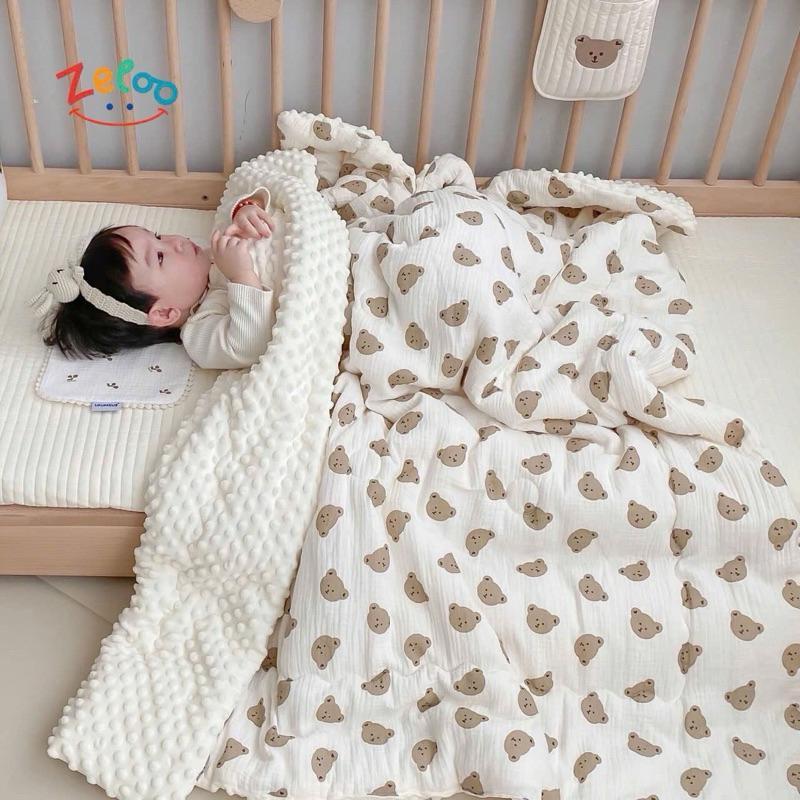 Zeloo Chăn Xô Muslin Hạt Đậu Có Trần Bông Cao Cấp 110cmx110cm Chất Liệu Xô Muslin & Vải Nhung Bi Mềm Mại Phong Cách Hàn Quốc Cho Bé