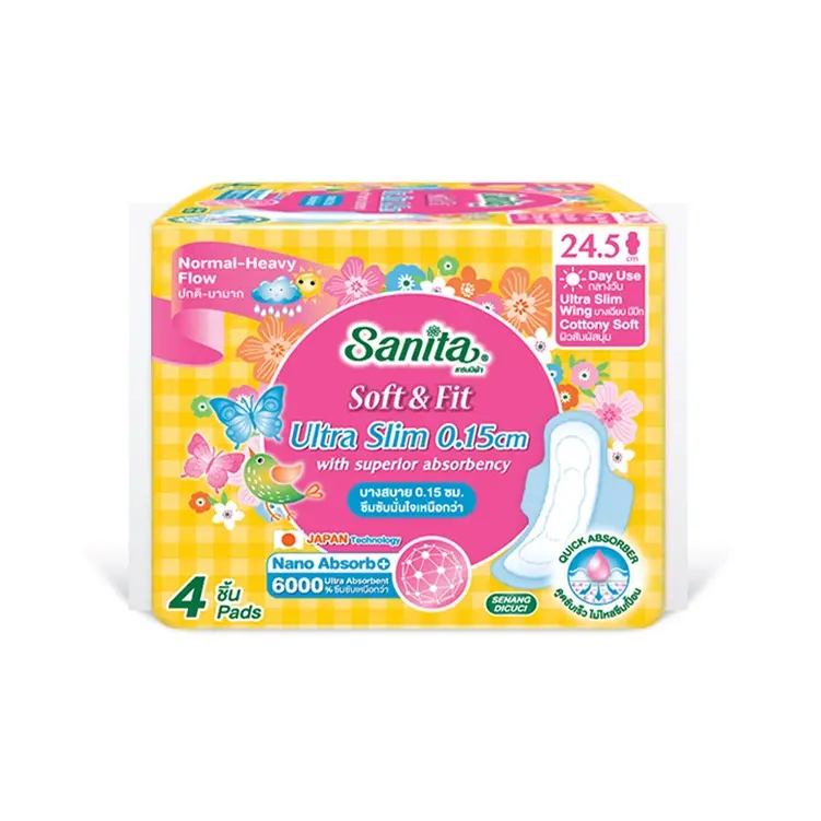 ของแท้Sanita / แซนนิต้า ซอฟท์ แอนด์ ฟิต ผิวสัมผัสนุ่ม อัลตร้าสลิม บาง0.15ซม มีปีก ยาว24.5ซม. 10ชิ้น/ห่อ