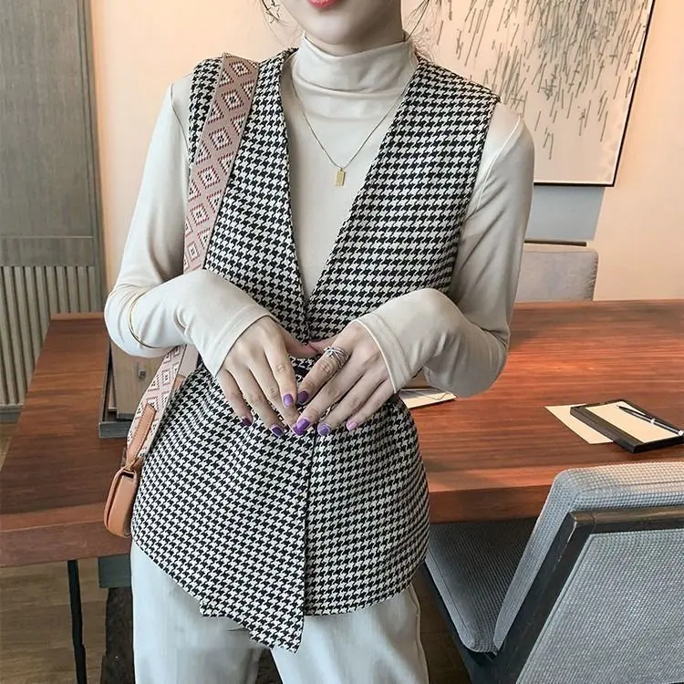 Áo Vest Họa Tiết Răng Nanh, OOTD, Mùa Thu Và Mùa Đông, Phong Cách Cổ Điển Mới, Thời Trang, Giảm Tuổi, Cổ Điển, Ngoại Cỡ, Thanh Lịch, Quần Áo Nữ Phong Cách Hàn Quốc 0