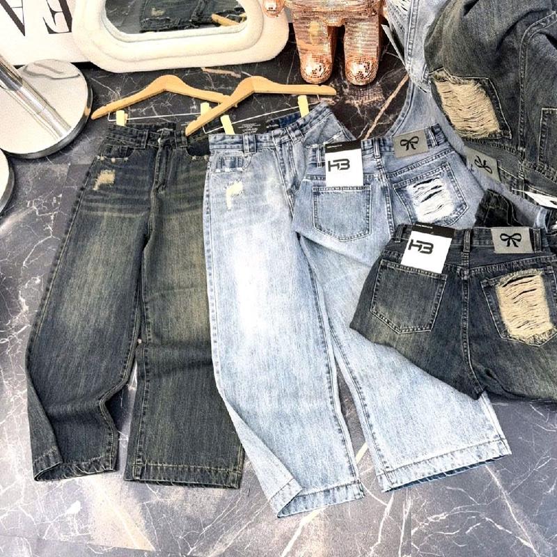 Quần jean lỡ 9 tấc, ống suông rộng, chất jean không giãn vải mềm