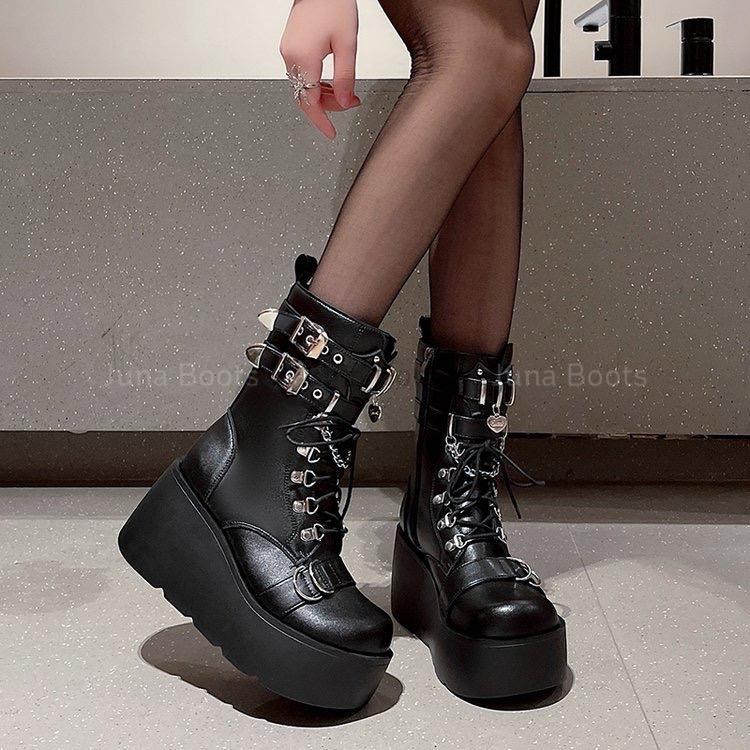 Giày Boots Bánh Mì Cổ Ngắn Phong Cách Âu Mỹ Y2k Cá Tính - Bốt nữ đế xuồng Martin chiến binh punk ngầu