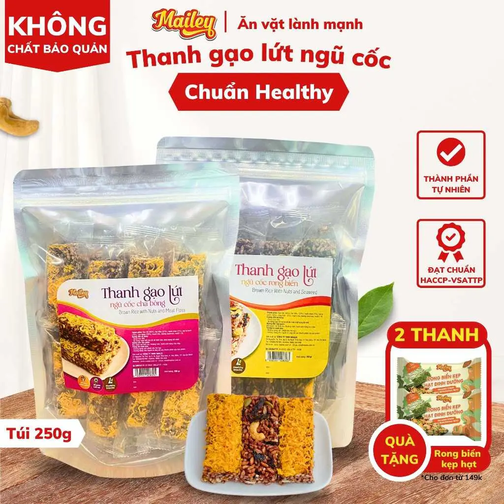 Thanh gạo lứt chà bông,rong biển mix hạt Mailey Túi 250g - Bánh gạo lứt ăn theo chế độ, tập luyện