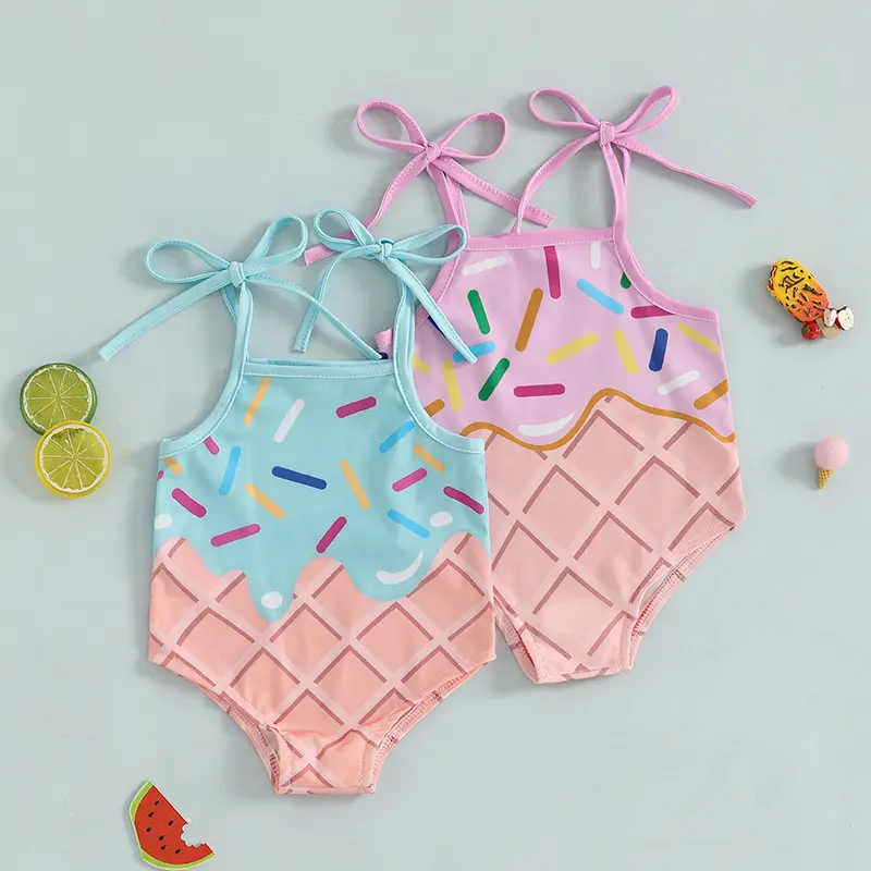 Bikini Bé Gái, Không Tay Co Giãn, In Hình Kem, Đồ Bơi, Đồ Bơi, Cho Bãi Biển Mùa Hè, Cho Trẻ Em