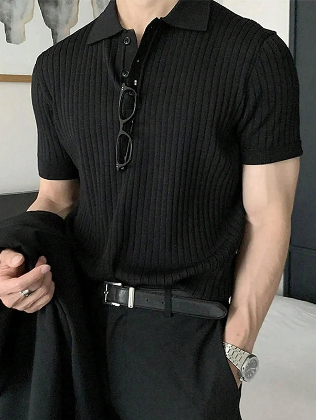 San Paulo Men's Ribbed Knit Premium Polo Black Shirt for Elegant Style and Lasting Quality
