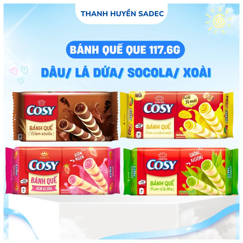 Combo 4 Bánh Quế Que Cosy 4 Vị Dâu, Lá Dứa, Socola, Xoài Xí Muối 117.6g - Món Ăn Vặt Thơm Ngon, Dinh Dưỡng
