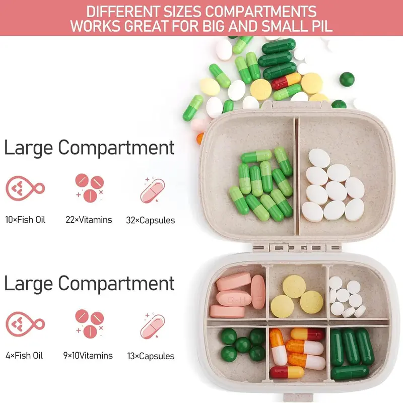 Portable Mini Medicine Box, 1/3 Counts 8-grid Travel Pill Box, Daily Pill Box, Pocket Size Pill Container for Home Office Travel 8