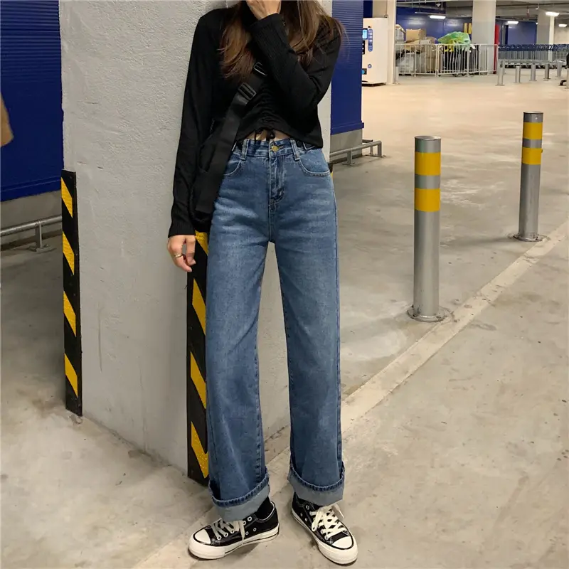 Korean style biru laut vintage loose straight high waist celana jeans wanita(gambar fisik)--8093 2
