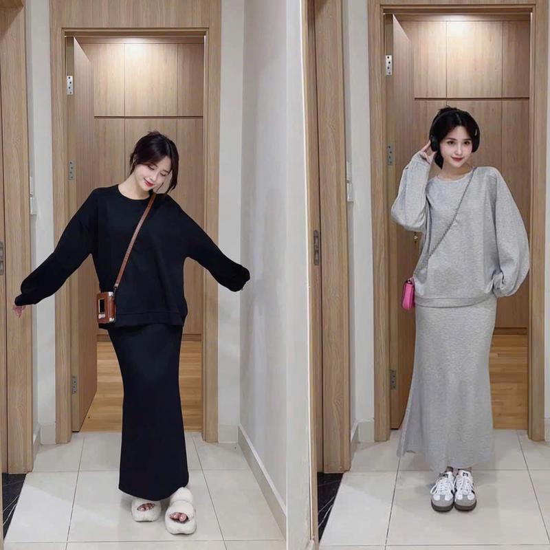 Set Bộ Umi Cổ Tròn Tay Áo Bo tay Kèm Chân Váy Đuôi Cá Dáng Dài Chất  Nỉ By Thời Trang News Top Women - Áo Kem