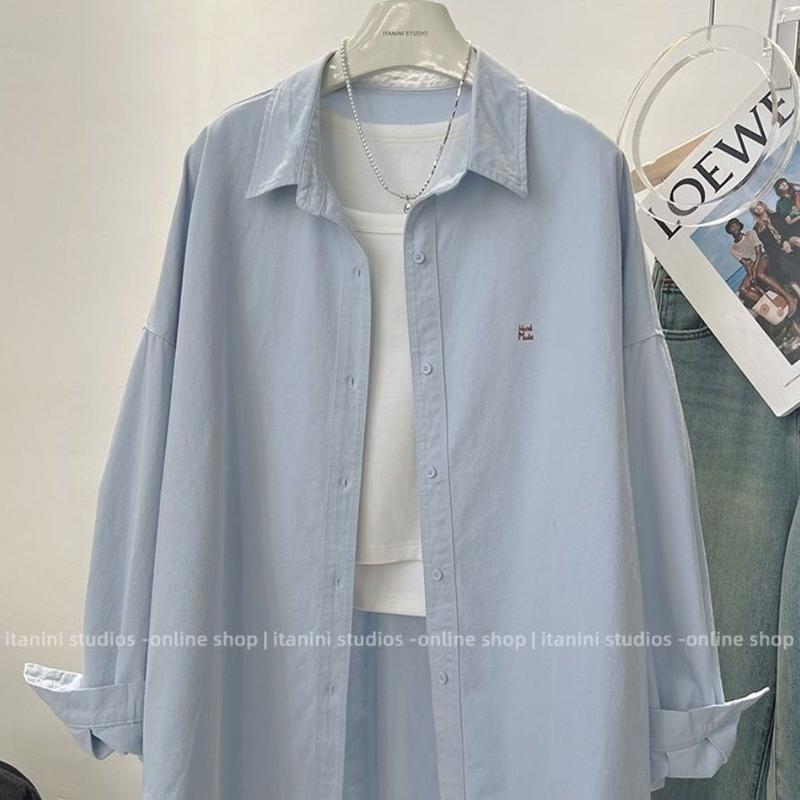 Áo Sơ Mi Cho Nữ, Màu Pastel, Phong Cách Hàn Quốc Mới, Thêu, Dáng Rộng Vừa Vặn, Dài Trung Bình Mỏng Vừa Vặn, Áo Sơ Mi Dài Tay, Thời Trang, Quần Áo Nữ Mùa Xuân 2025 8