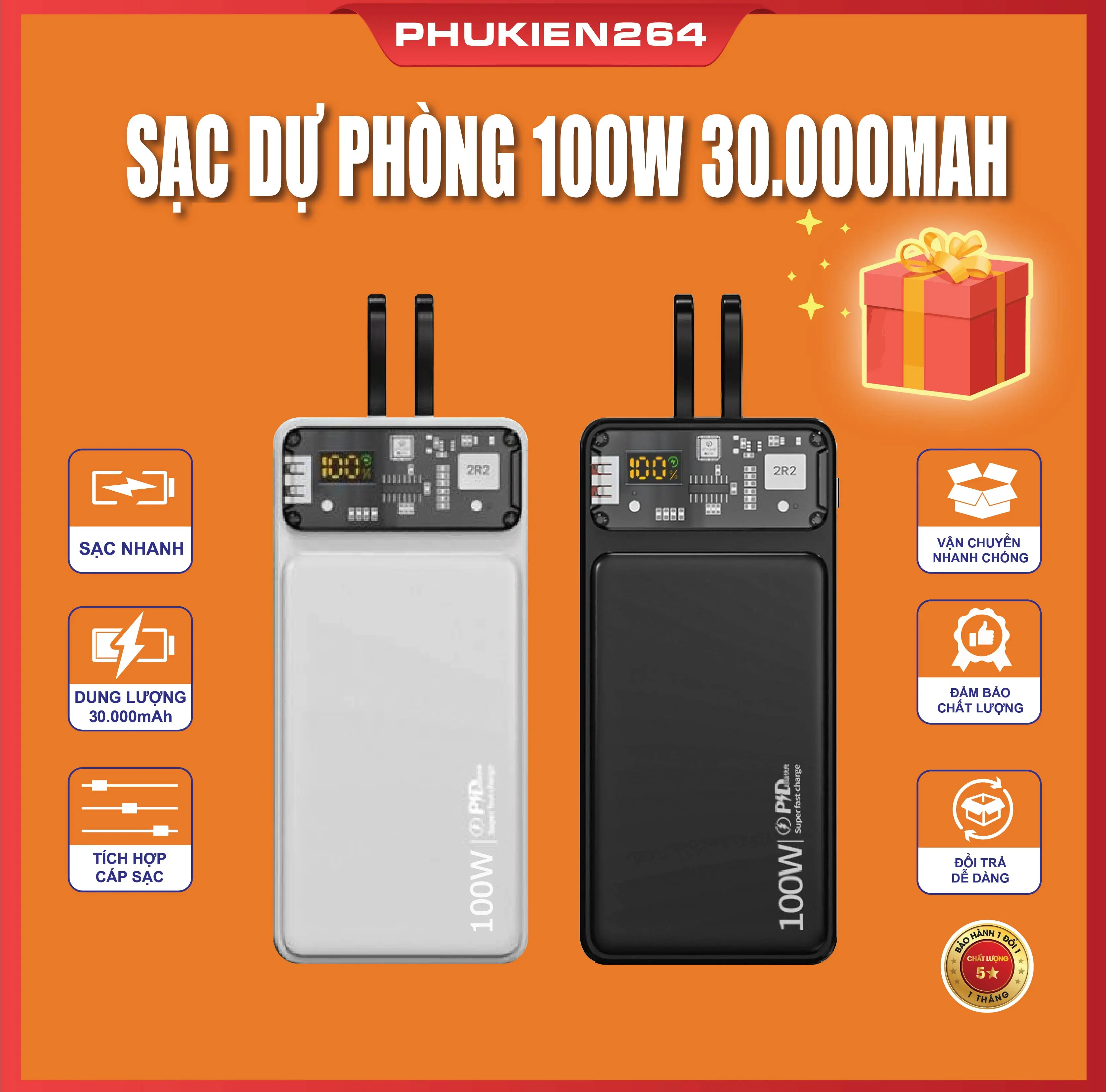 (Tặng cáp sạc) Sạc dự phòng 30000 Power Bank PD22,5W Tên 100W màn hình led, tích hợp 2 đầu sạc tiện dụng Titan Phụ Kiện lỗi 1 đổi 1 trong vòng 30 ngày