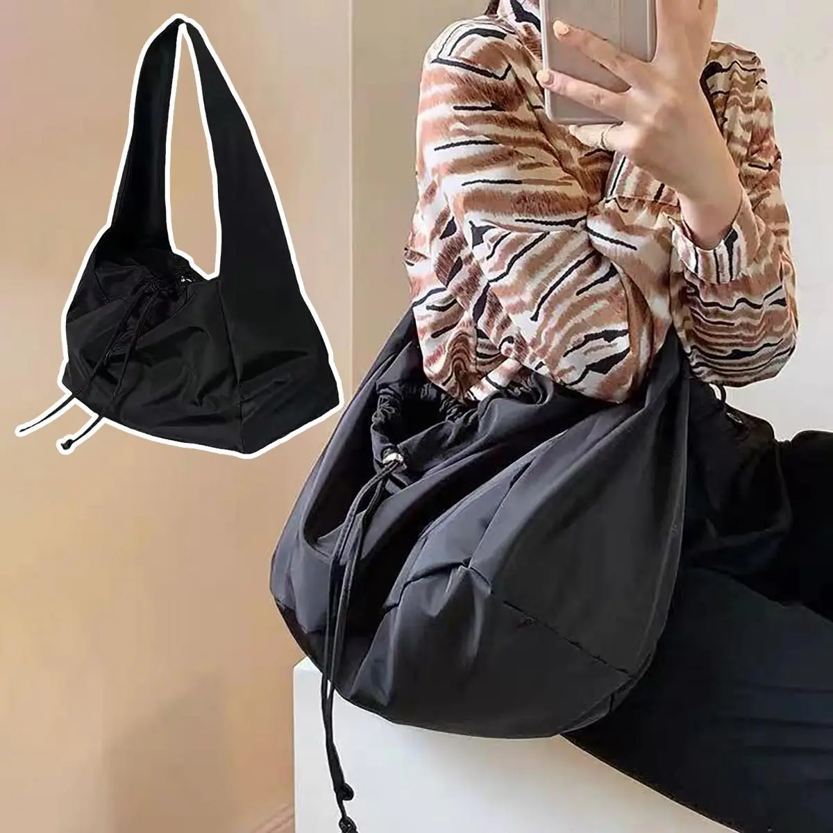 Women'S Bags New Nylon Bucket Fashion Solid Color Zipper Soft Shoulder Bags Purses And Handbags Black Handbags