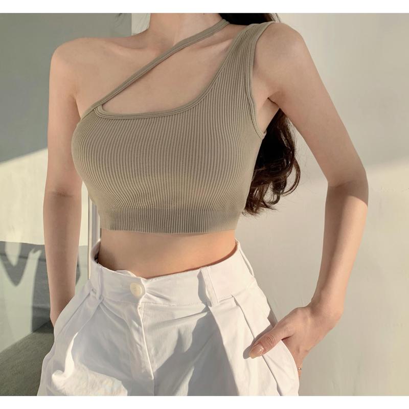 Women Sexy Navel Tops, Plain & Ribbed One Shoulder Sleeveless Slim Crop Top, Ladies Summer Bandage Short Shirt 5