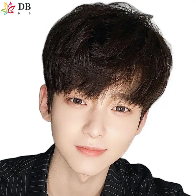 Wig untuk pria dengan rambut pendek Selebriti Internet set wig pria gaya yang sama versi Korea set rambut penuh alami tanpa jejak yang tampan