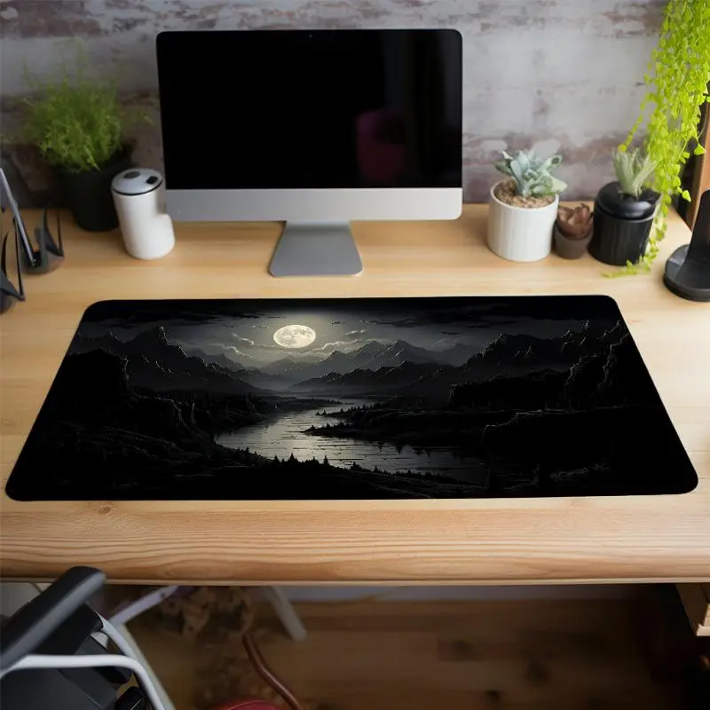 Moon & Mountain Pattern Mouse Pad, Large Gaming Mouse Pad, Office Desk Accessories Non-slip Rubber Base Stitched Edge Desk Pad For Home Office Game 5