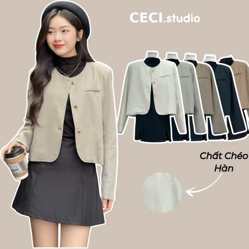  Áo Khoác Vest Blazer Nữ Trơn Cổ Tròn Thiết Kế Khuy Đồng Một Túi Trước Thu Đông - A350 CECI.studio 