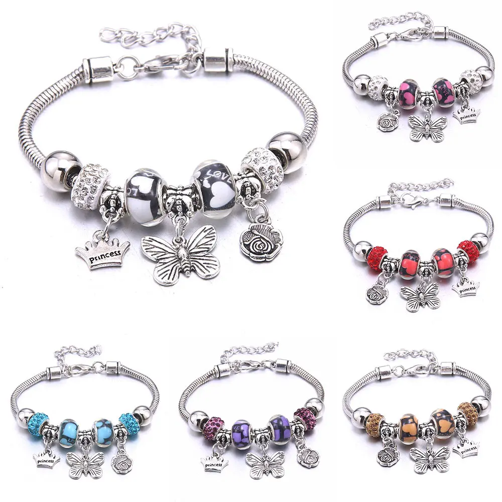 Cross-border European and American Style Trendy Adjustable Crystal Bracelet Heart Butterfly Beaded Bracelet DIY Women's Jewelry Wholesale